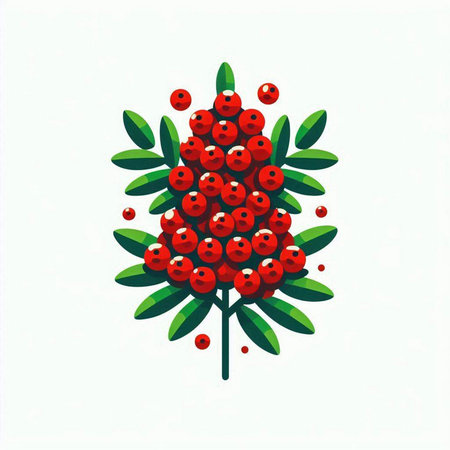 Mountain ash with green leaves and red berries. Vector illustration.のイラスト素材