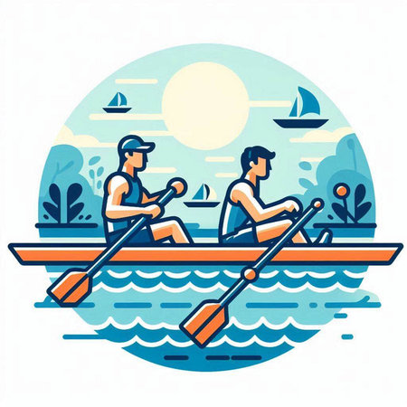 Two men rowing on the river. Flat style vector illustration.のイラスト素材