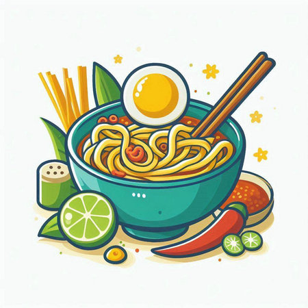 Noodles in bowl with chopsticks and egg. Vector illustration.のイラスト素材
