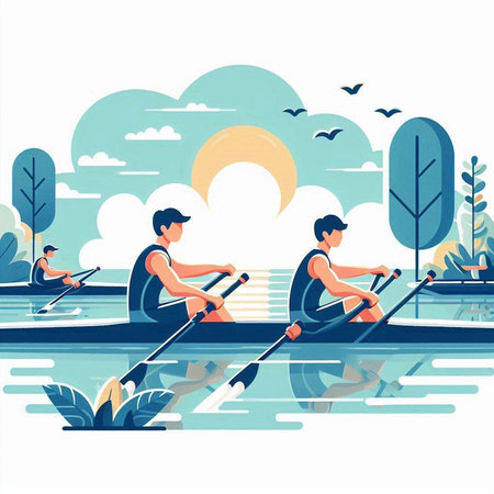 Two men rowing on the lake. Vector illustration in flat styleのイラスト素材