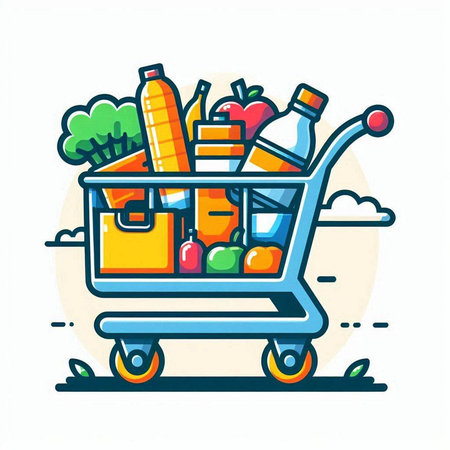 Shopping cart full of food. Vector illustration in flat style.のイラスト素材