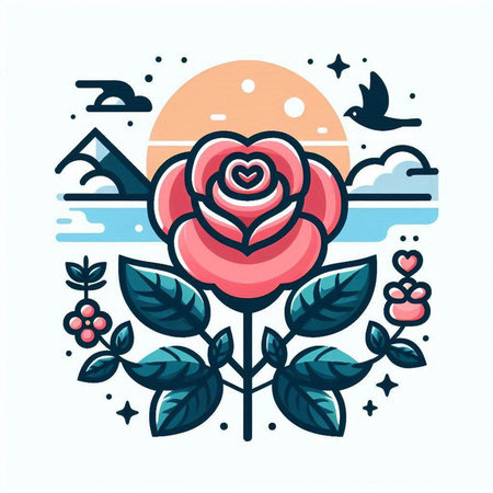 Flower rose and birds. Vector illustration in line art style.のイラスト素材