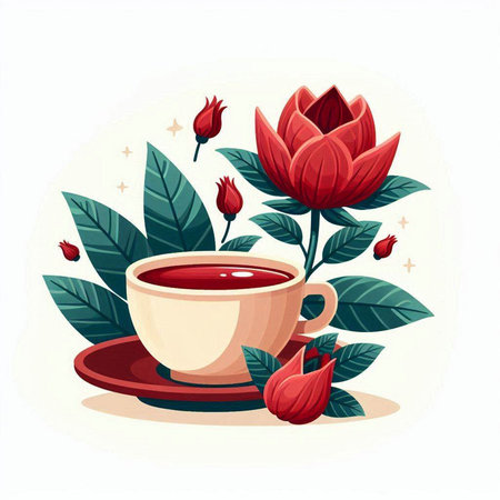 Cup of tea with flowers and leaves. Vector illustration in cartoon styleのイラスト素材