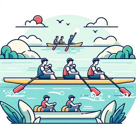 Kayaking on the river. Rowing on the river. Flat vector illustration.のイラスト素材