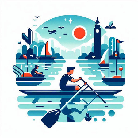 Flat design illustration of a man rowing a boat on the river.のイラスト素材