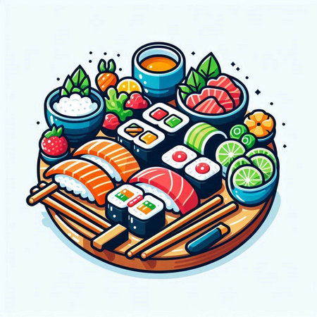Sushi roll with salmon, tuna, caviar, eel, caviar, caviar, cream cheese, wasabi, soy sauce, ginger, wasabi, wasabi, ginger, wasabi. Vector illustration in cartoon styleのイラスト素材