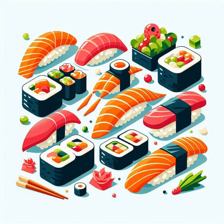 Sushi isometric composition with rolls and sushi rolls isolated vector illustrationのイラスト素材