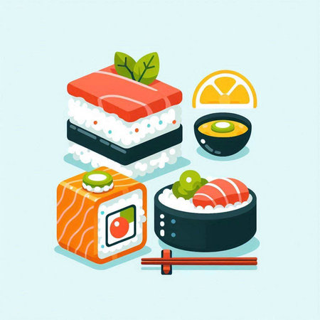 Sushi set. Vector illustration in flat style. Japanese cuisine.のイラスト素材
