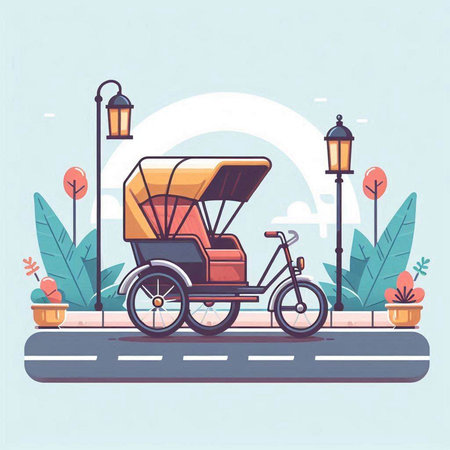 Rickshaw. Vector illustration in flat design style on blue background.のイラスト素材
