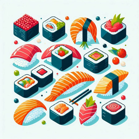 Sushi isometric icons set with salmon and eel rolls isolated vector illustrationのイラスト素材