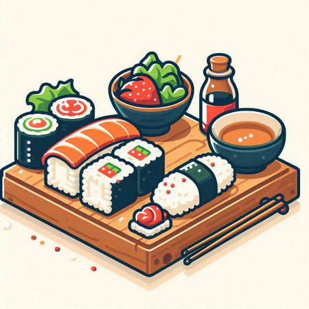 Illustration of sushi and rolls on a wooden board with chopsticksのイラスト素材