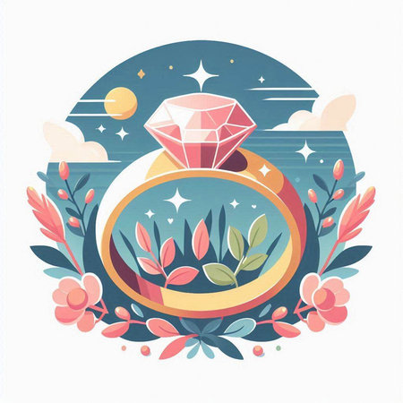 Wedding ring with floral ornament. Vector illustration in retro style.のイラスト素材