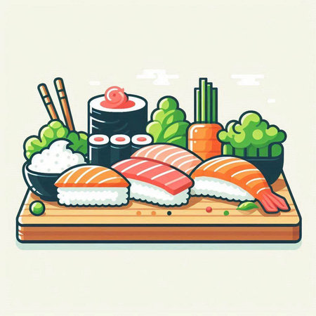 Sushi and rolls on wooden board. Vector illustration in flat styleのイラスト素材