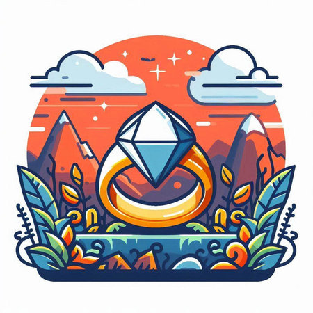 Wedding ring in the mountains. Vector illustration in flat styleのイラスト素材