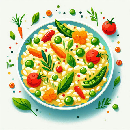 Risotto with green peas, cherry tomatoes, olives and basil. Vector illustration.のイラスト素材