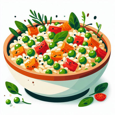 Vegetable salad with watermelon and peas in bowl. Vector illustration.のイラスト素材