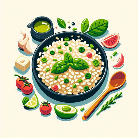 Risotto with tomatoes, basil and olive oil in a bowl. Vector illustration.のイラスト素材