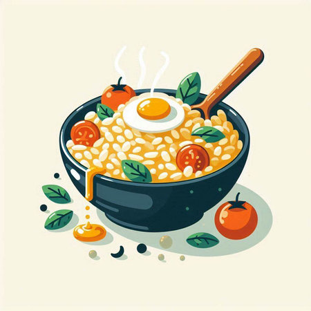 Risotto with tomato and egg in a bowl. Vector illustration.のイラスト素材