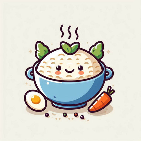 Rice porridge with carrot and egg. Cute cartoon vector illustration.のイラスト素材