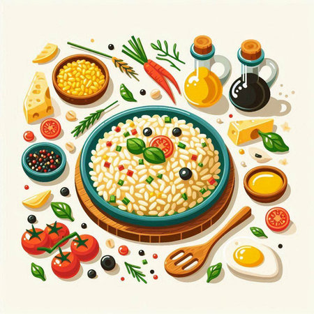 Risotto with olives, tomatoes, cheese, herbs and olive oil. Vector illustrationのイラスト素材