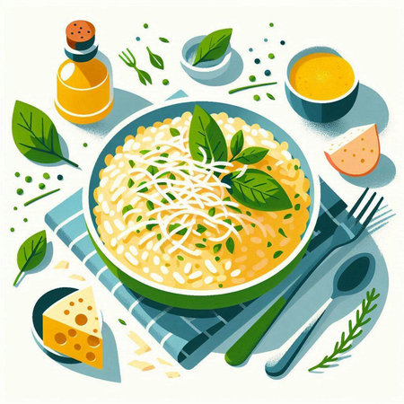Risotto with cheese and basil. Vector illustration in flat styleのイラスト素材