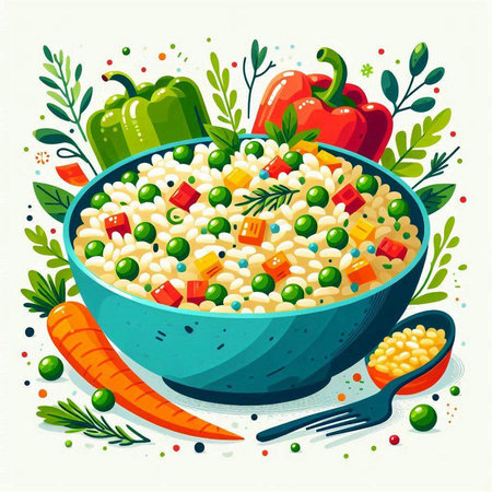 Vector illustration of a bowl of bulgur porridge with vegetables, herbs and spicesのイラスト素材
