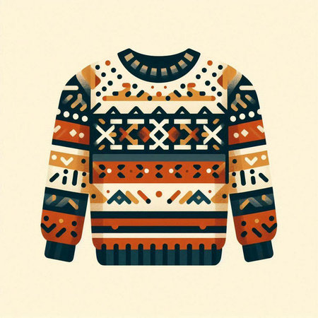 Vector illustration of a warm sweater with tribal ornaments in orange and brown colors.のイラスト素材