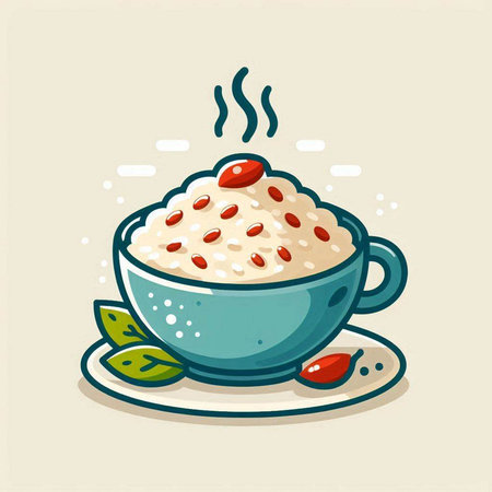 Illustration of a bowl of porridge with cranberries and mintのイラスト素材