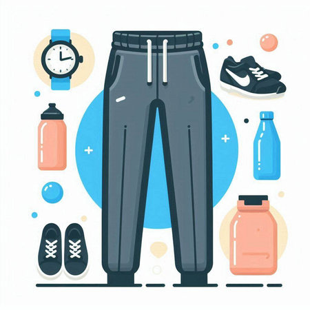 Vector flat style illustration of male sneakers, bottle of water and watch.のイラスト素材