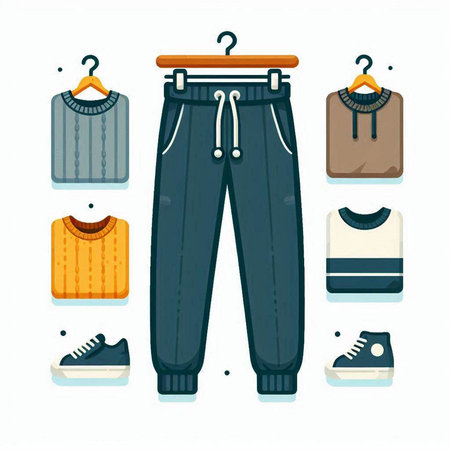 Vector illustration of sport pants with a hanger, sneakers and clothes.のイラスト素材