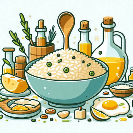 Rice porridge in bowl with ingredients for cooking. Vector illustration.のイラスト素材