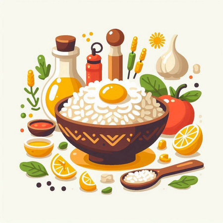 Vector illustration of a bowl of rice, herbs, spices and vegetablesのイラスト素材