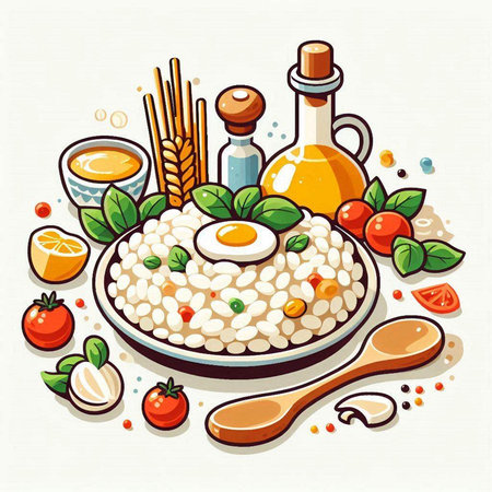 Rice porridge with vegetables and eggs. Healthy breakfast. Vector illustration.のイラスト素材