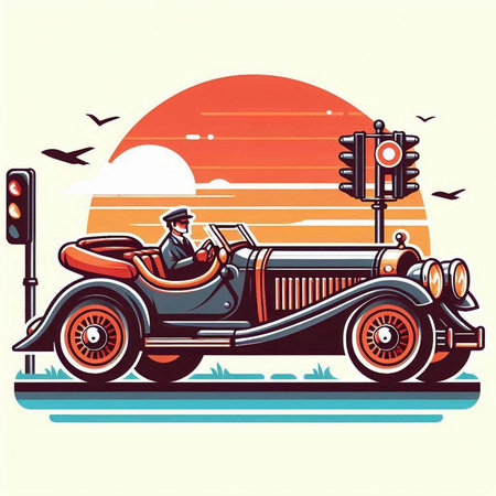 Vintage car on the road. Vector illustration in retro style.のイラスト素材