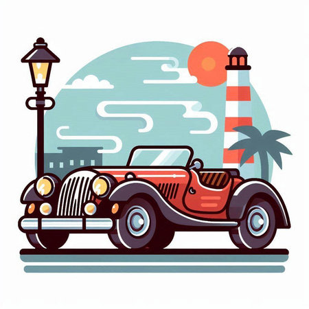 Retro car on the background of the city. Vector illustration.のイラスト素材