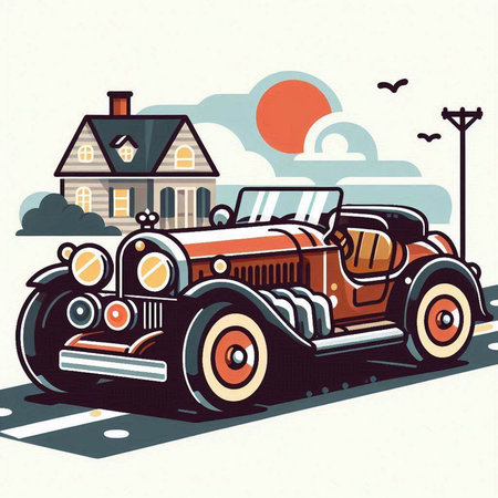 Retro car on the road. Vector illustration in retro style.のイラスト素材