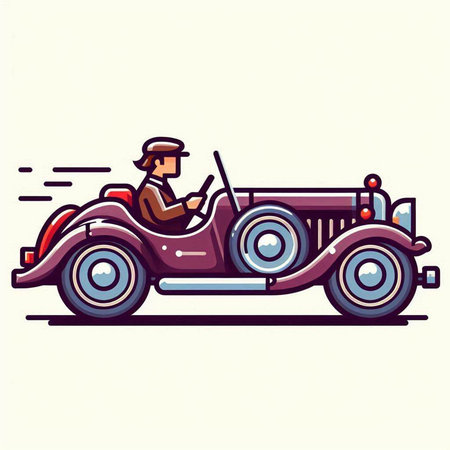 Illustration of a vintage car driver driving a classic car isolated on a white backgroundのイラスト素材
