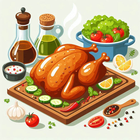 Roast chicken with vegetables and spices on wooden board. Vector illustrationのイラスト素材