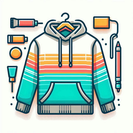 Colorful vector illustration of a hoodie with a hood and various accessoriesのイラスト素材