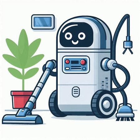 Cartoon robot vacuum cleaner cleaning the house. Vector illustration isolated on white background.のイラスト素材