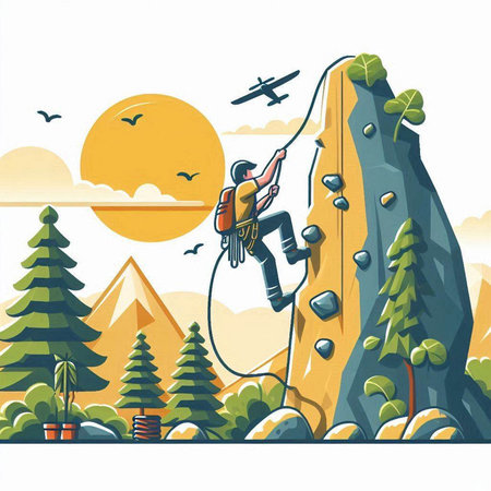 Illustration of a rock climber on a background of mountains.のイラスト素材