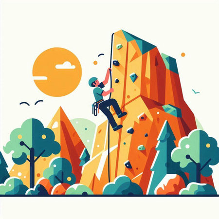 Climbing in the mountains. Vector illustration in flat style.のイラスト素材