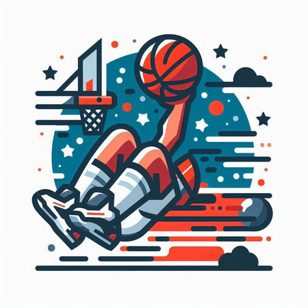 Basketball player jumping with ball on the basketball court. Vector illustration.のイラスト素材