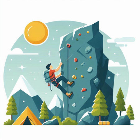 Rock climber climbing on the cliff. Vector illustration in flat styleのイラスト素材