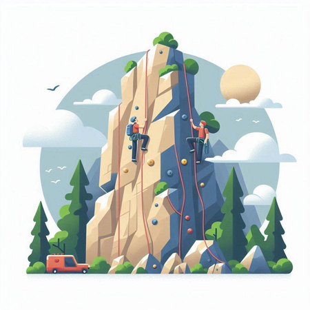 Mountaineer climbing on the rocks. Vector illustration in flat styleのイラスト素材