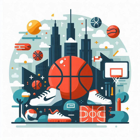 Vector illustration of basketball, basketball ball, sneakers, basketball court and urban landscape in flat style.のイラスト素材