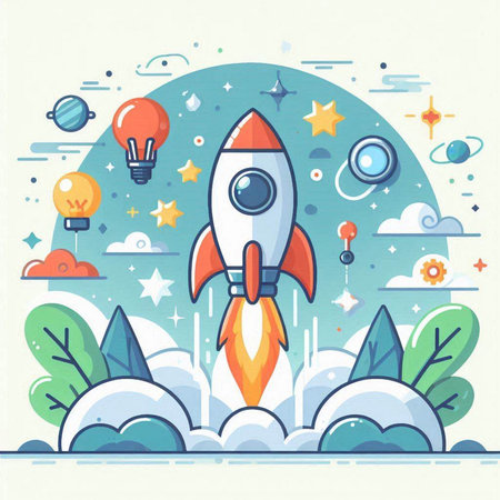 Rocket launch. Vector illustration in flat linear style. Start up concept.のイラスト素材