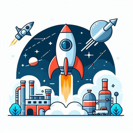 Space rocket launch. Vector illustration in flat cartoon style. Space exploration.のイラスト素材