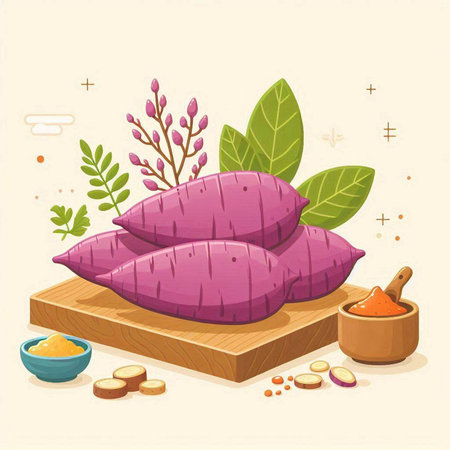 Illustration of sweet potato on wooden cutting board with ingredients - vectorのイラスト素材