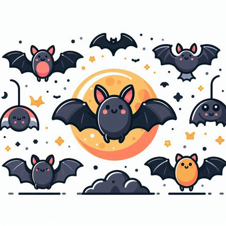 Halloween background with bats, moon and flying bats. Vector illustration.のイラスト素材